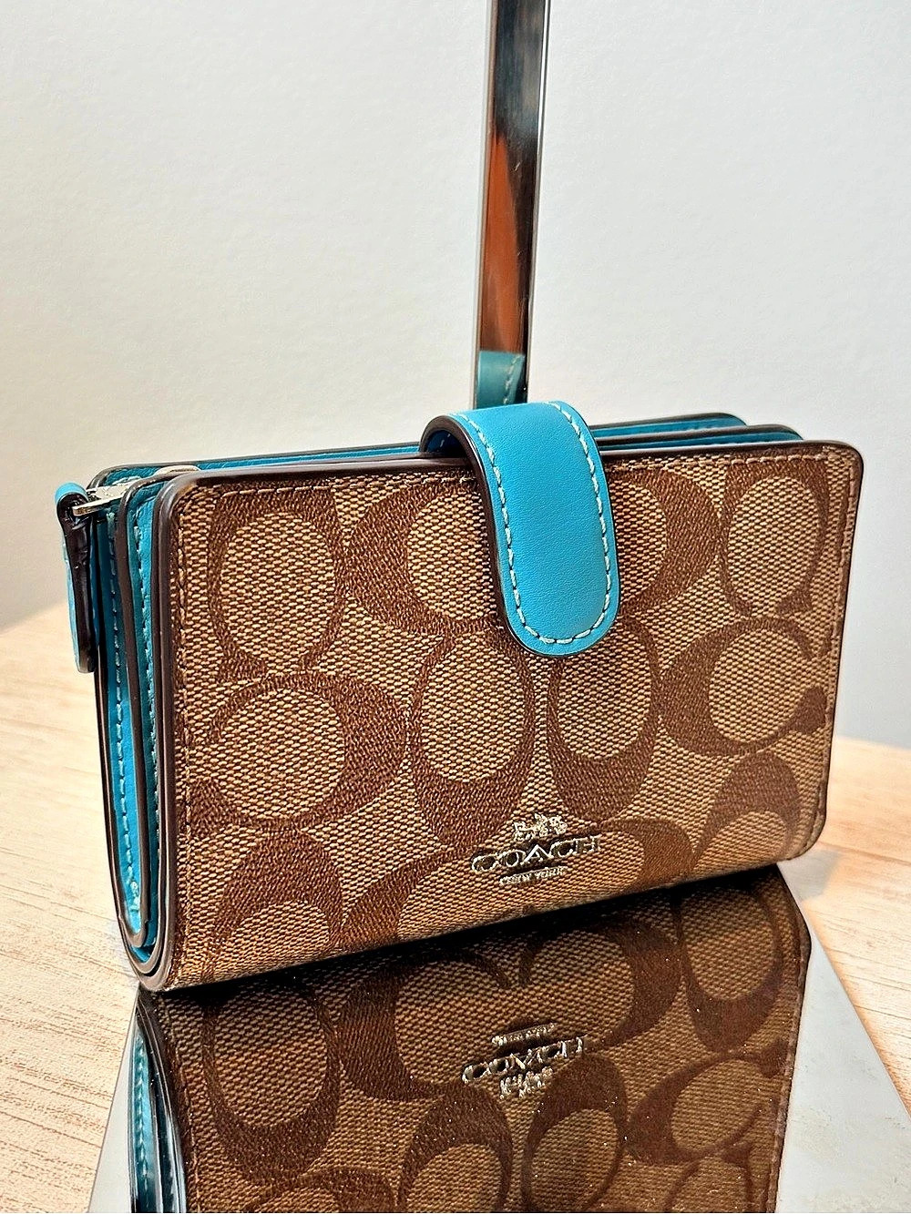 Coach Medium Corner Zip Wallet in Signature Canvas Brown & Blue